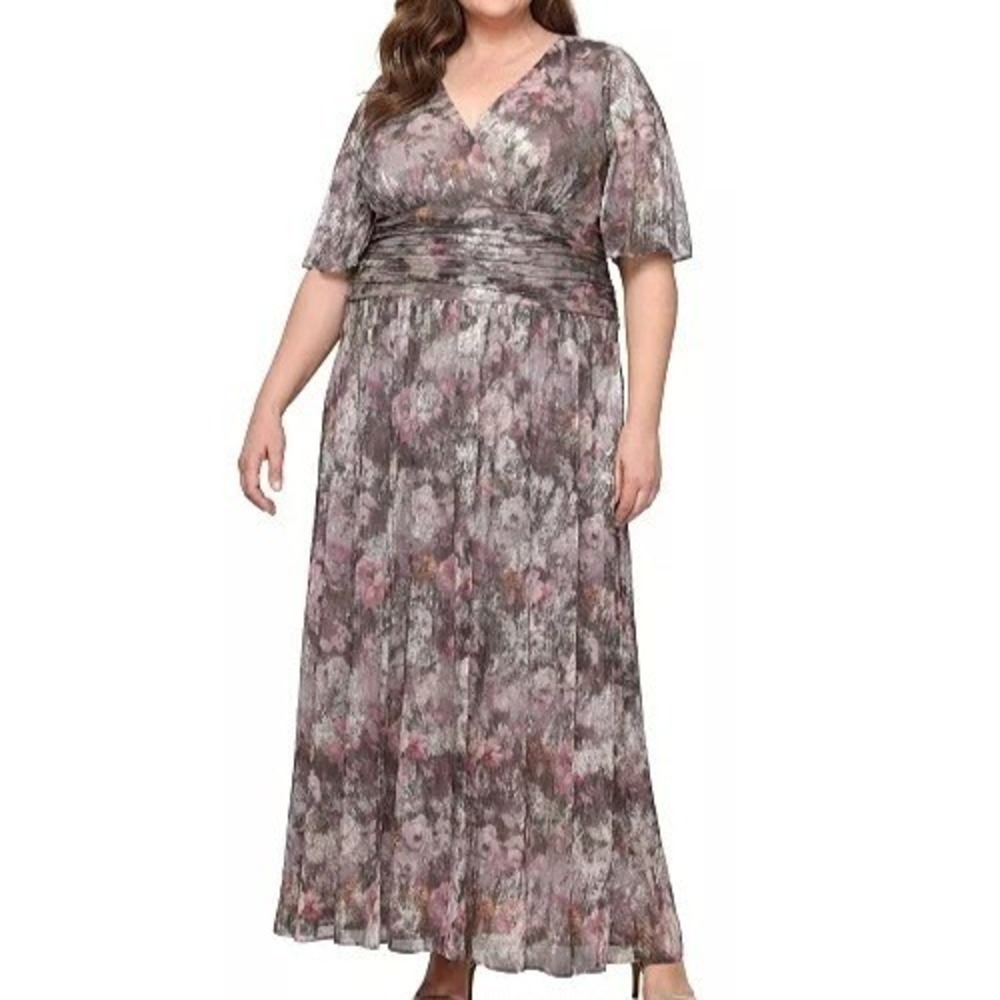 SLNY Fashions Metallic Surplice A Line Short Sleeve Long Gown Dress Womens 20W